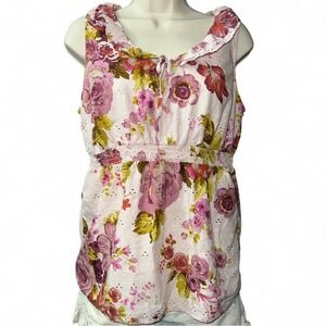Women's Size Large Blouse Cottagecore Floral Eyelet Ruffle Sleeveless Top Pink